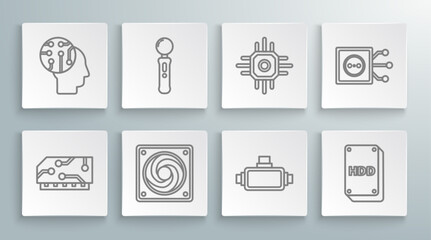 Poster - Set line RAM, random access memory, Gamepad, Computer cooler, Virtual reality glasses, Hard disk drive HDD, Processor, Remote control and Human brain digital circuit board icon. Vector