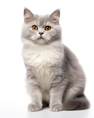  Gray Cat Sitting in Studio Isolated on White. Domestic Animal Photography of Cute Young Grey Pet
