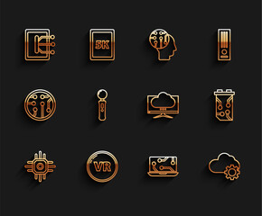 Poster - Set line Processor, Virtual reality, Tablet, Laptop, Cloud technology data transfer and storage, Gamepad, Video graphic card and Computer monitor screen icon. Vector