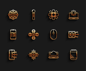 Poster - Set line Smartphone, mobile phone, Processor, Global technology social network, Cloud data transfer and storage, Voice assistant, Drone, Remote control and Computer mouse icon. Vector