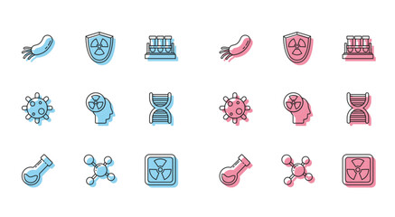 Sticker - Set line Test tube and flask chemical, Molecule, Bacteria, Radioactive, Human head radiation, DNA symbol, and in shield icon. Vector