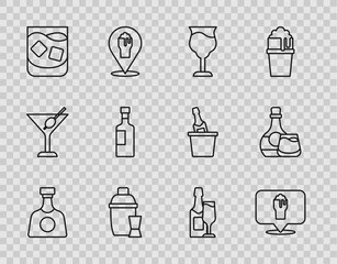 Poster - Set line Tequila bottle, Alcohol or beer bar location, Wine glass, Cocktail shaker, Glass of whiskey, Champagne and and Whiskey icon. Vector