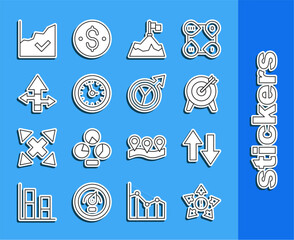 Poster - Set line Many ways directional arrow, Arrow, Target, Mountains with flag, Clock, Financial growth increase and icon. Vector