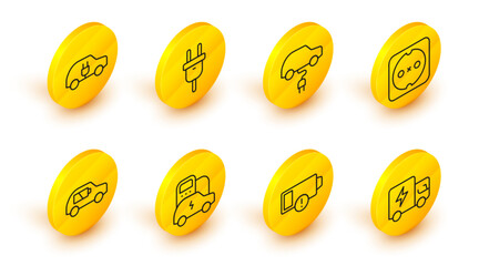 Sticker - Set line Electric truck, Low battery, car, Electrical outlet, plug and icon. Vector