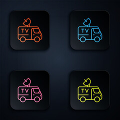 Poster - Color neon line TV News car with equipment on the roof icon isolated on black background. Set icons in square buttons. Vector