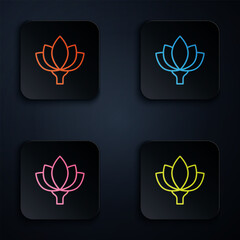 Wall Mural - Color neon line Lotus flower icon isolated on black background. Set icons in square buttons. Vector