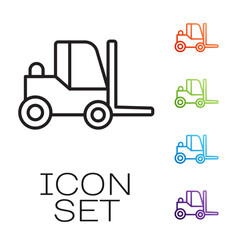 Wall Mural - Black line Forklift truck icon isolated on white background. Fork loader and cardboard box. Cargo delivery, shipping, transportation. Set icons colorful. Vector