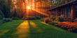  landscape design ideas for green garden a sunset, residential house backyard background. medern house eksterior