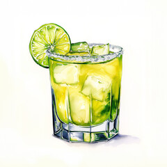 watercolor green cocktail drink with lime slice garnish and salt rim, isolated on white background