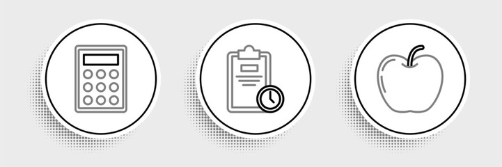 Poster - Set line Apple, Calculator and Exam sheet with clock icon. Vector