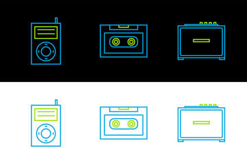 Poster - Set line Guitar amplifier, Music MP3 player and Retro audio cassette tape icon. Vector
