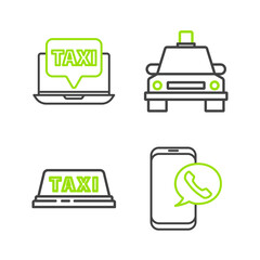 Poster - Set line Taxi call telephone service, car roof, and Laptop taxi icon. Vector