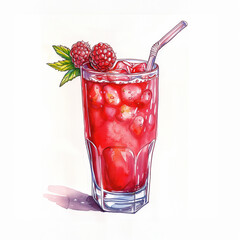 watercolor raspberry juice cocktail drink with mint garnish and straw, isolated on white background