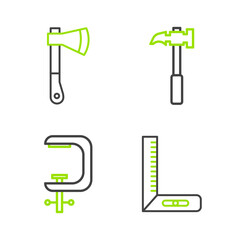 Sticker - Set line Corner ruler, Clamp and screw tool, Claw hammer and Wooden axe icon. Vector