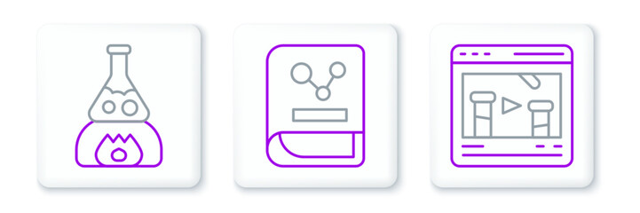 Poster - Set line Chemical online, Test tube flask fire and Chemistry book icon. Vector