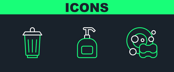 Poster - Set line Washing dishes, Trash can and Bottle of liquid soap icon. Vector