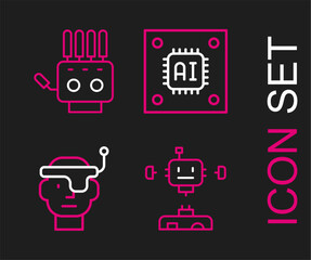 Poster - Set line Disassembled robot, Smart glasses, Processor with microcircuits CPU and Mechanical hand icon. Vector