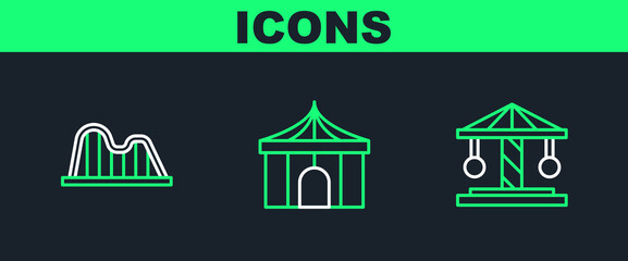 Sticker - Set line Attraction carousel, Roller coaster and Circus tent icon. Vector