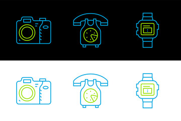 Poster - Set line Wrist watch, Photo camera and Telephone handset icon. Vector