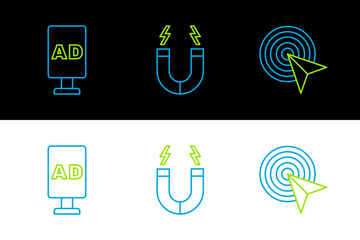 Poster - Set line Advertising, Target and Magnet icon. Vector