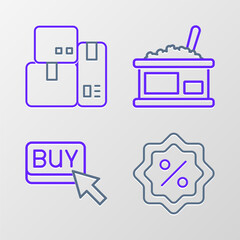 Canvas Print - Set line Discount percent tag, Buy button, Tin can with caviar and Cash register machine icon. Vector