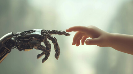 hand of baby or kid and robot hand or artificial Intelligence connecting data information and learning, machine learning technology and big data