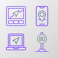 Poster - Set line Speed limit traffic, Laptop with location marker, City map navigation and Gps device icon. Vector