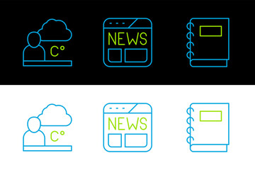 Poster - Set line Notebook, Weather forecast and News icon. Vector