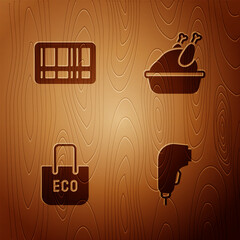Poster - Set Scanner scanning bar code, Barcode, Shopping bag with recycle and Roasted turkey or chicken on wooden background. Vector