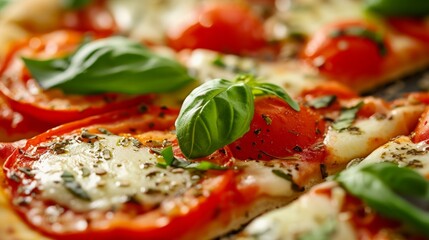 Wall Mural - A close-up of a slice of Margherita pizza, showcasing vibrant red tomatoes, fresh basil, and mozzarella