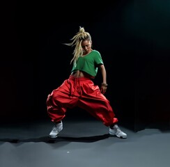 dancing heights an artistic depiction of a dancer in mid-air red and green vivid color style, illust
