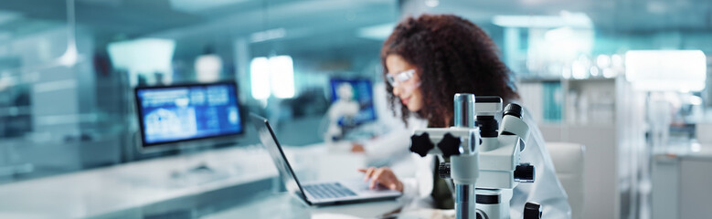 Aufkleber - Laptop, woman or scientist with microscope or research in lab for chemistry report or medical test feedback. Bacteria, person typing or science update for online medicine development news on website