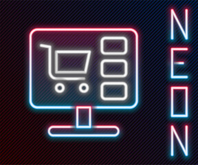 Poster - glowing neon line shopping cart on screen computer icon isolated on black background. concept e-comm