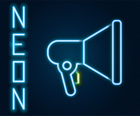 Poster - Glowing neon line Megaphone icon isolated on black background. Speaker sign. Colorful outline concept. Vector