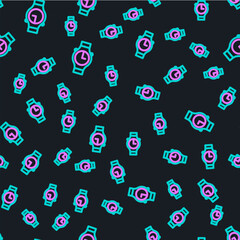 Poster - Line Wrist watch icon isolated seamless pattern on black background. Wristwatch icon. Vector