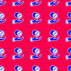Poster - Blue Donation hand with money icon isolated seamless pattern on red background. Hand give money as donation symbol. Donate money and charity concept. Vector