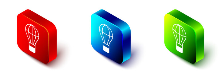 Wall Mural - Isometric Hot air balloon icon isolated on white background. Air transport for travel. Red, blue and green square button. Vector