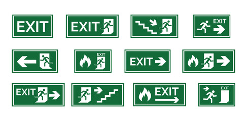 various exit signs isolated on white background. exit sign collection in flat style. vector stock