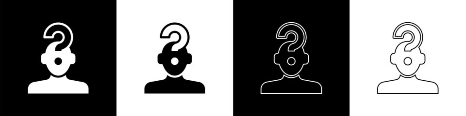 Set Human head with question mark icon isolated on black and white background. Vector