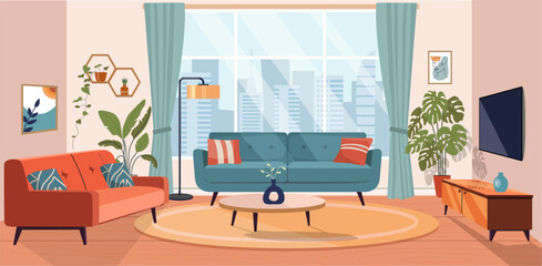 Wall Mural - Living room interior. Comfortable sofa, TV,  window, chair and house plants. Vector flat illustration