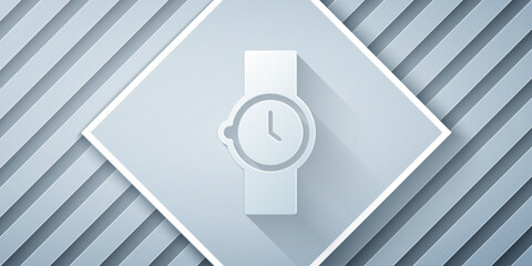 Poster - Paper cut Wrist watch icon isolated on grey background. Wristwatch icon. Paper art style. Vector