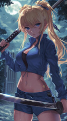 Wall Mural - Beautiful blonde with blue eyes stands with a katana in her hands