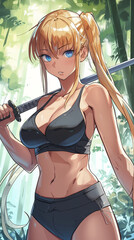 Wall Mural - Beautiful blonde with blue eyes stands with a katana in her hands