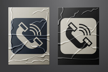 Poster - White Telephone handset icon isolated on crumpled paper background. Phone sign. Paper art style. Vector