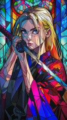 Wall Mural - Beautiful blonde with blue eyes stands with a katana in her hands