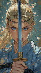 Wall Mural - Beautiful blonde with blue eyes stands with a katana in her hands