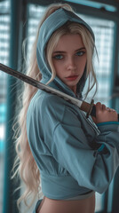 Wall Mural - Beautiful blonde with blue eyes stands with a katana in her hands