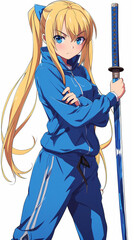 Wall Mural - Beautiful blonde with blue eyes stands with a katana in her hands