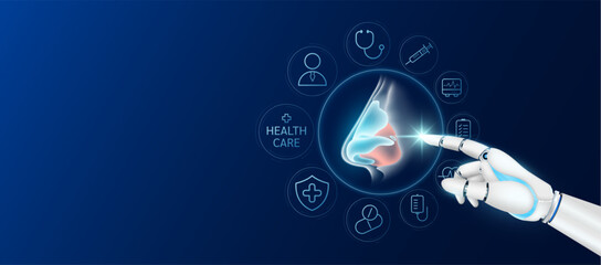 Innovative technology in health care futuristic. Doctor robot cyborg finger touching nose with medical icons. Human organ virtual interface. Ads banner empty space for text. Vector.