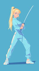 Wall Mural - Beautiful blonde with blue eyes stands with a katana in her hands